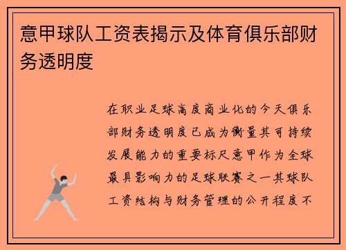意甲球队工资表揭示及体育俱乐部财务透明度